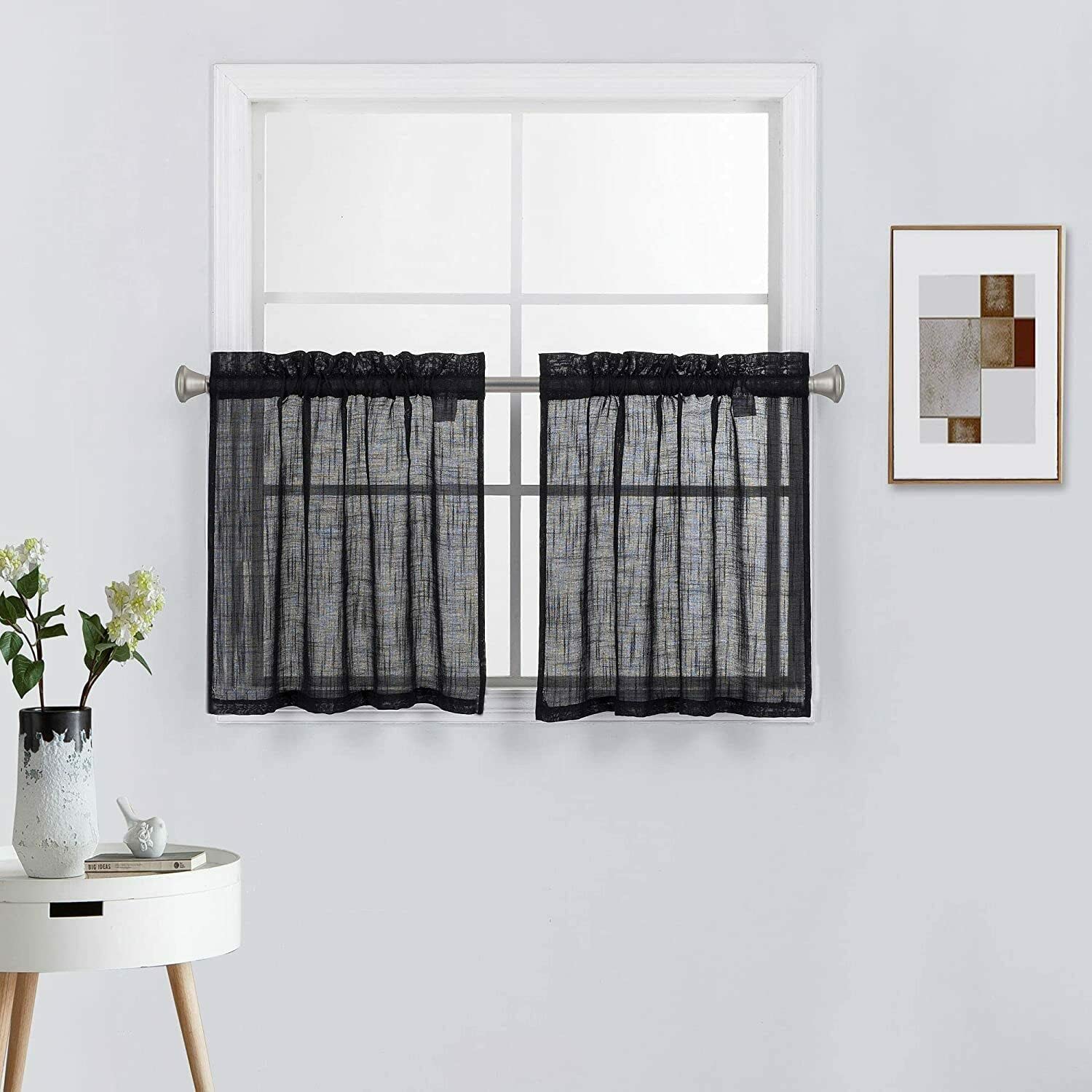 2 Piece Solid Elegant Linen Look Curtains Fully Stitched Panels Window Treatment Tiers (27" X 24" Long, Black)