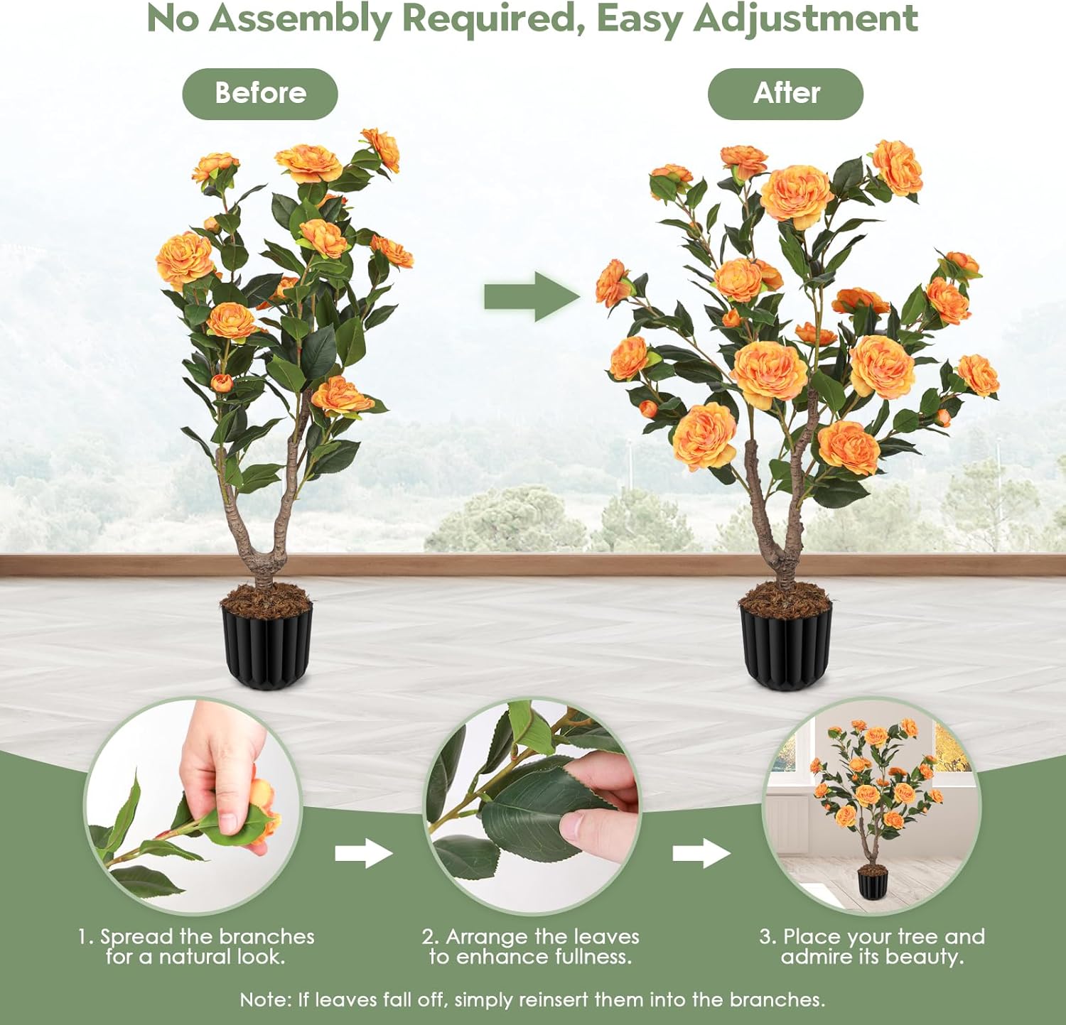 Artificial Camellia Tree for Indoor and Outdoor, Faux Flower Tree Plant in Pot Fake Topiaries for Home Front Porch Decor (2, Orange)