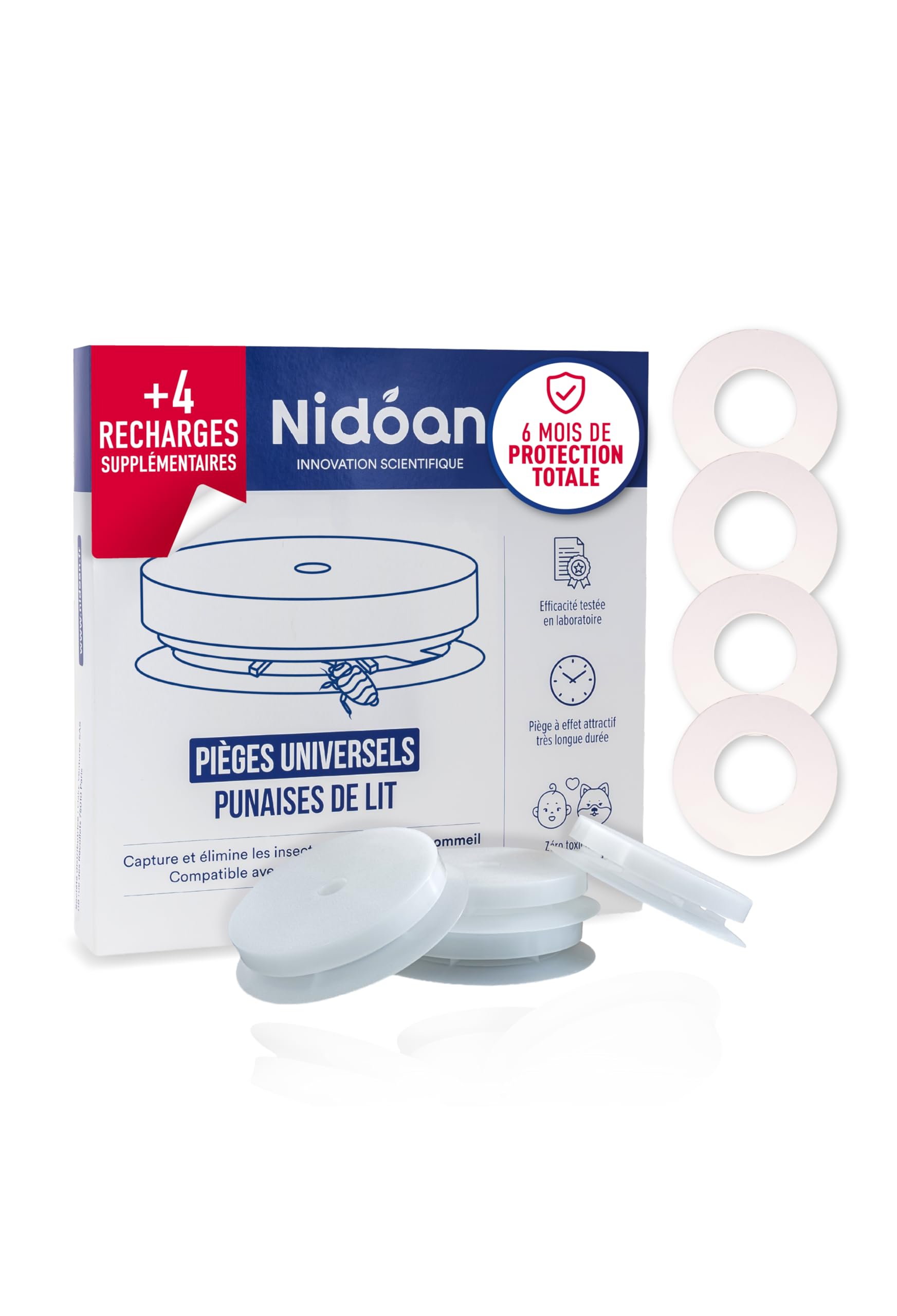Pack Protection Universel 6 Mois Punaises de Lit Nidoan - Pièges Compatibles Lit & Meubles sans Pieds, sans Insecticide, Sécurisée pour Enfants et Animaux, Lot de 4