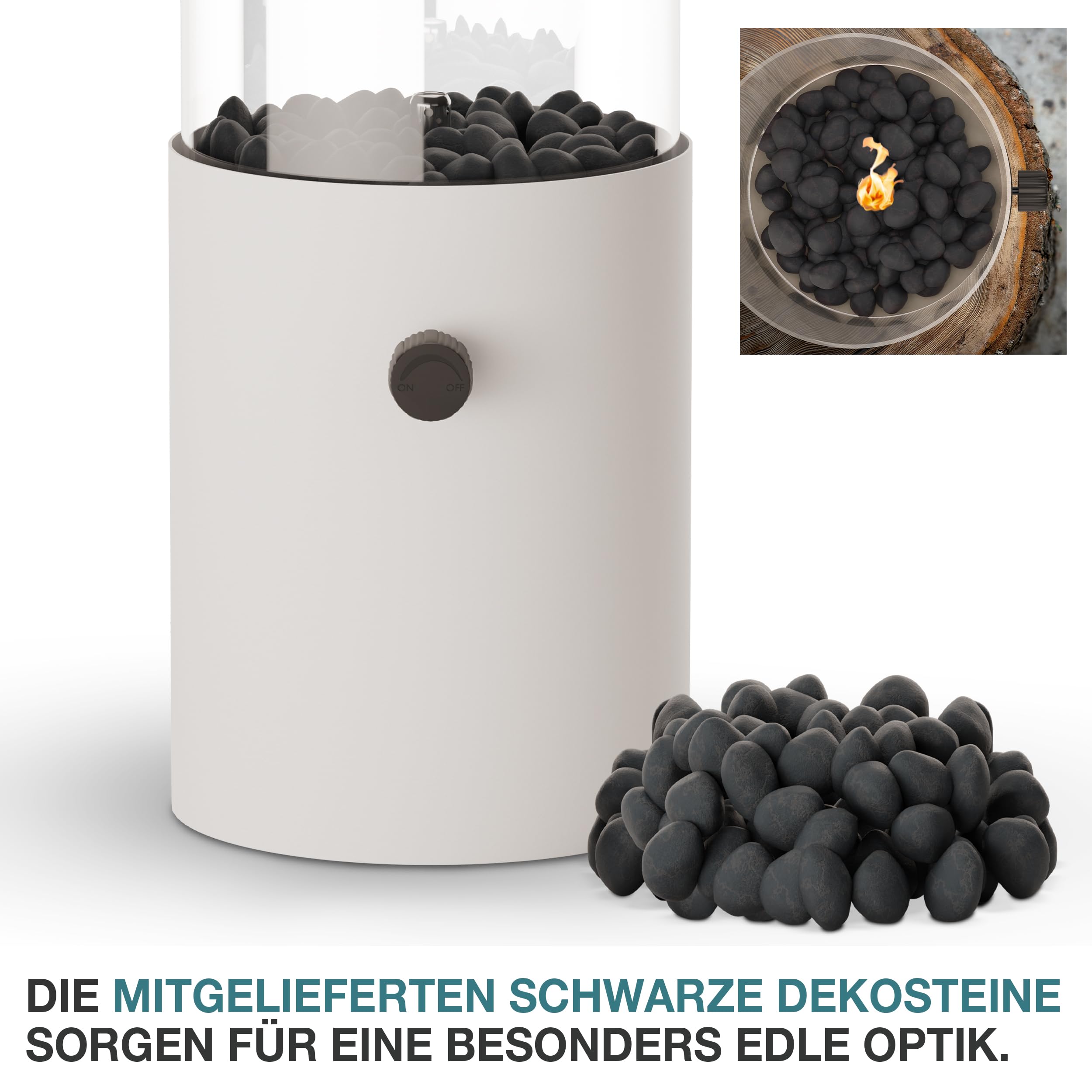 TOM Innovation XXL Gas Tischkamin - 12 Stunden Brenndauer für Indoor & Outdoor – Tisch Kamin Set– Tischfeuer mit Deko-Steinen – Plus 3X 190 g Stechgaskartusche
