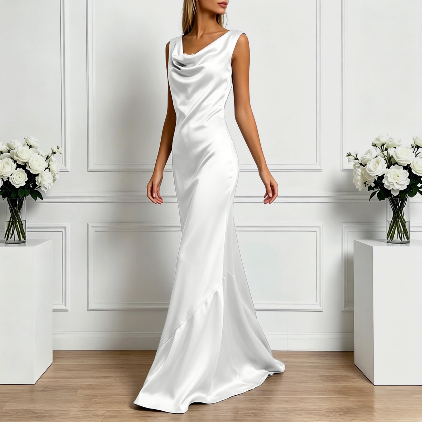 Robe de Cérémonie Femme Longue Satin Col V Robe Cocktail Taille Haute Ajustee Fendue Dos DX Confortable Gala Fete Anniversaire Demoiselle d Honneur