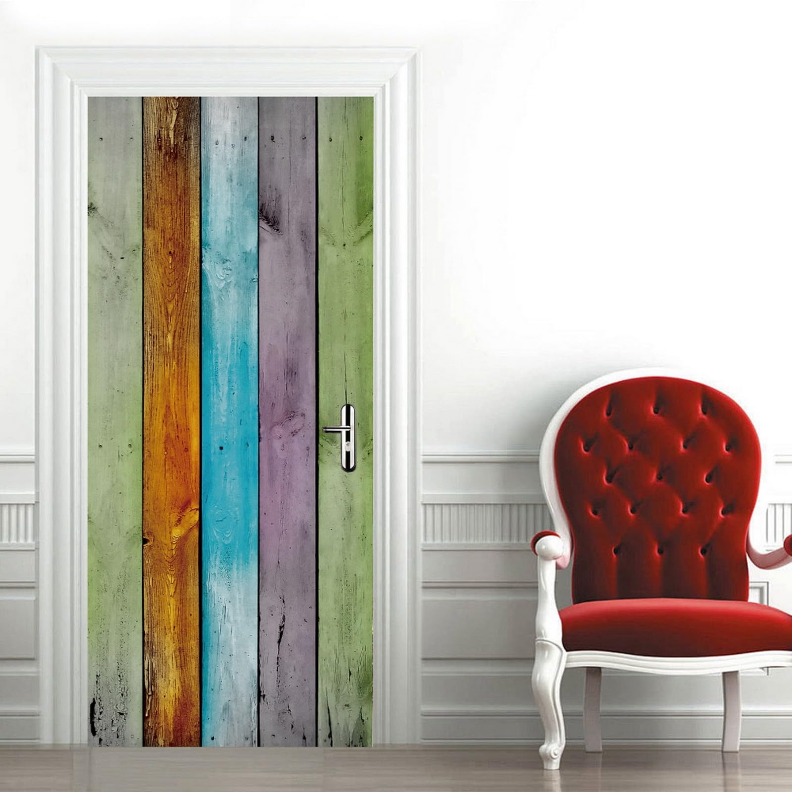 A.Monamour Adesivo Porta Autoadesiva 3D Tavole Colorate Assi Di Legno Sfondo Struttura Di Legno Vinile PVC Adesivi per Porte Interne Pellicola Adesiva Poster Murale Parete Carta da Parati 85x215cm