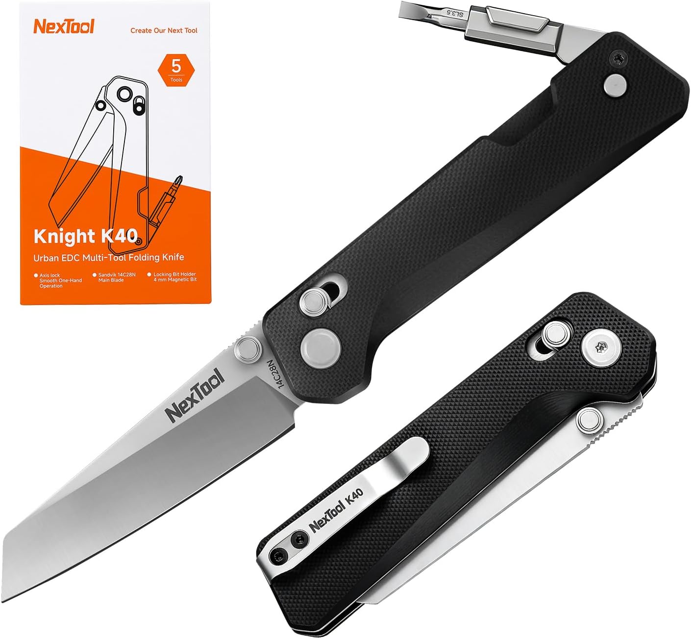 NEXTOOL Knight K40 Folding Pocket Knife,EDC Multitool with 3" 14C28N Steel Blade and G10 Handle,Axis Lock,Bits Adjustable to 90°and 180°,Multi tool knife for Cmping,Hiking,Survival,Gifts for Men