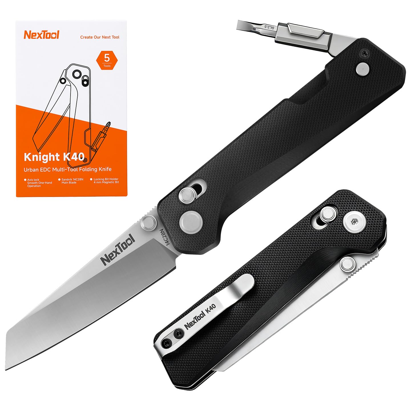 NexTool Knight K40 Multitool,5-in-1 Pocket Knife Multi Tool with Safety Locking,Bits Adjustable to 90°and 180°,Deep Pocket Clip,Suit for Camping,Hiking,Gifts for Men on Birthday - 2