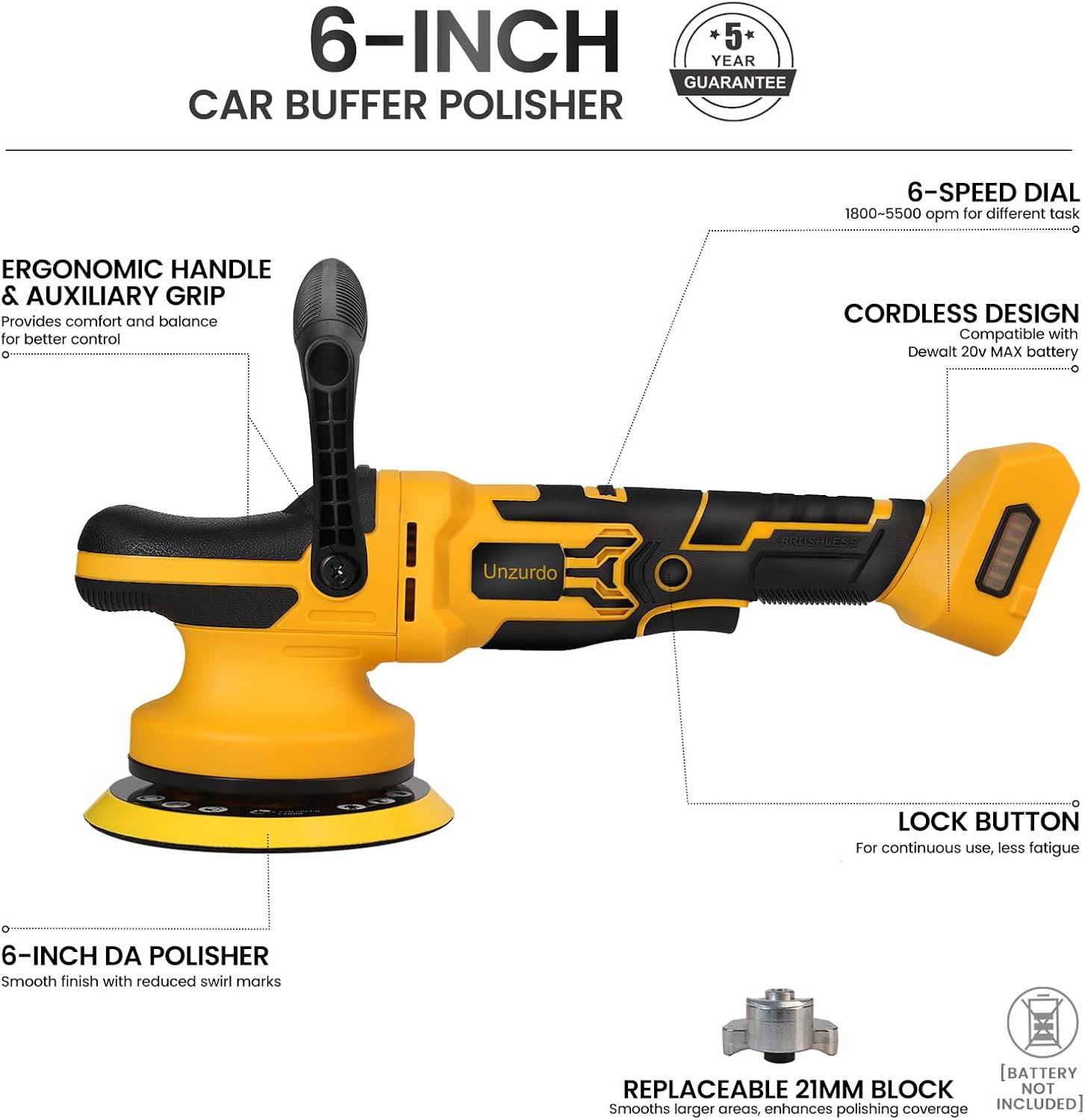 Cordless 6" DA Buffer Polisher(Tool Only) Compatible with Dewalt 20V 60V MAX Battery, Brushless, 5500 OPM, 15mm/21mm Orbit, 6-Speed Random Orbital Car Polisher Waxer for Detailing