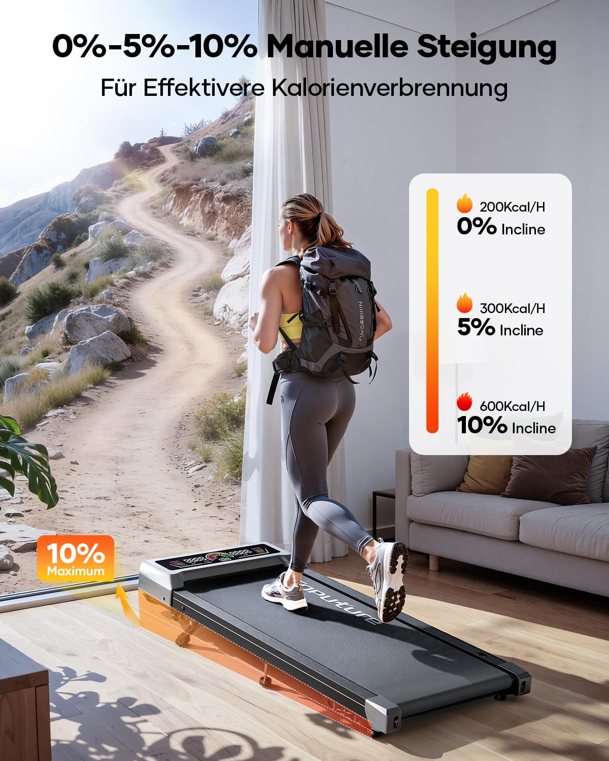 Laufband für Zuhause mit 10% Neigung, 1-10km/h unter den Schreibtisch Walking pad, 3.0HP Leiser Motor, Elektrisches Laufband mit 3 Steigung, Großes LED-Display, Fernbedienung und App