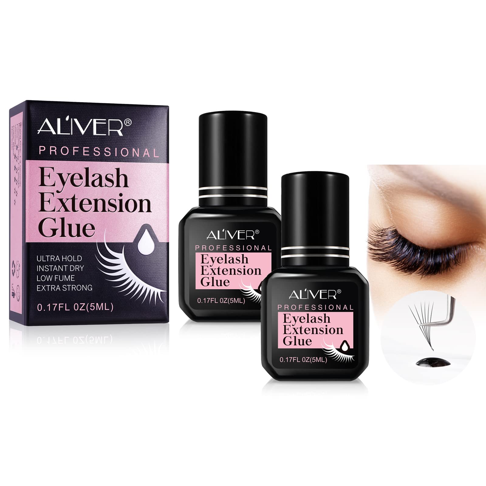 Eyelash Extension Glue, 2 Pack Extra Strong Hold False Eye lash Glue, 2 x 5ML Professional Individual black Lash Glue Bond and Seal Lash Glue Fast Drying Time 1-2s, Long-lsting Retention 7-9 Weeks