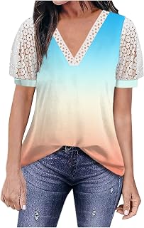 Summer V Neck Tunic Tops for Women UK Loose Chic Lace Short Sleeve Plus Size Print Basic T Shirts for Women Elegant Breathable Gym Top Blouse T Shirts Women Sports Running Going Out Tops
