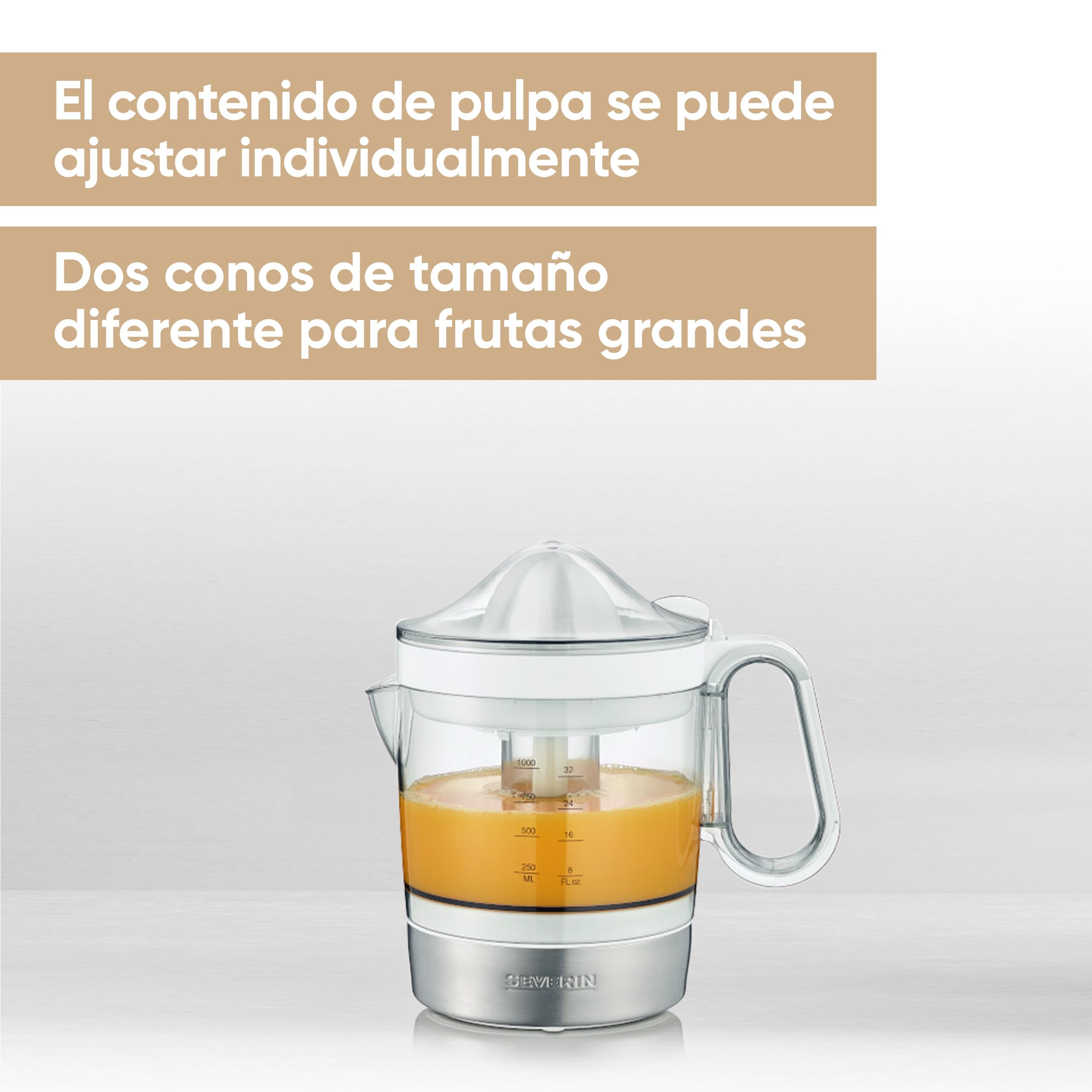 SEVERIN Exprimidor de naranjas eléctrico, exprimidor de frutas con 2 conos extraíbles y recipiente XXL de 1 L, zumo natural, 85 W, blanco, CP 3535