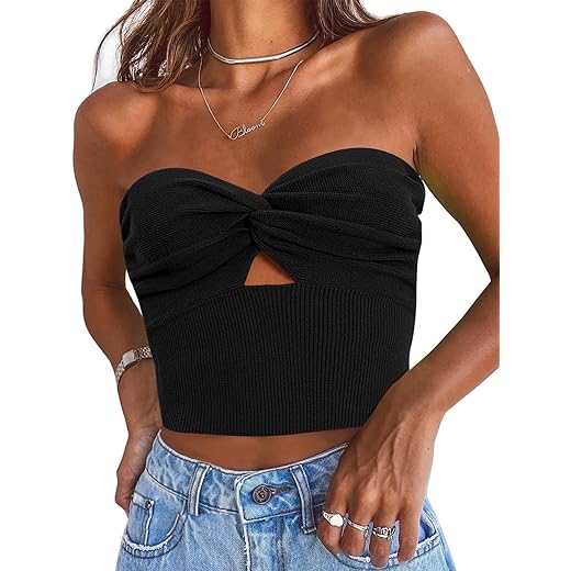 EFAN Black Tube Going Out Outfits Sleeveless Tops for Women Cut Out Bandeau Strapless Crop Tank Corset Shirts Knit Sweaters Y2K Sexy