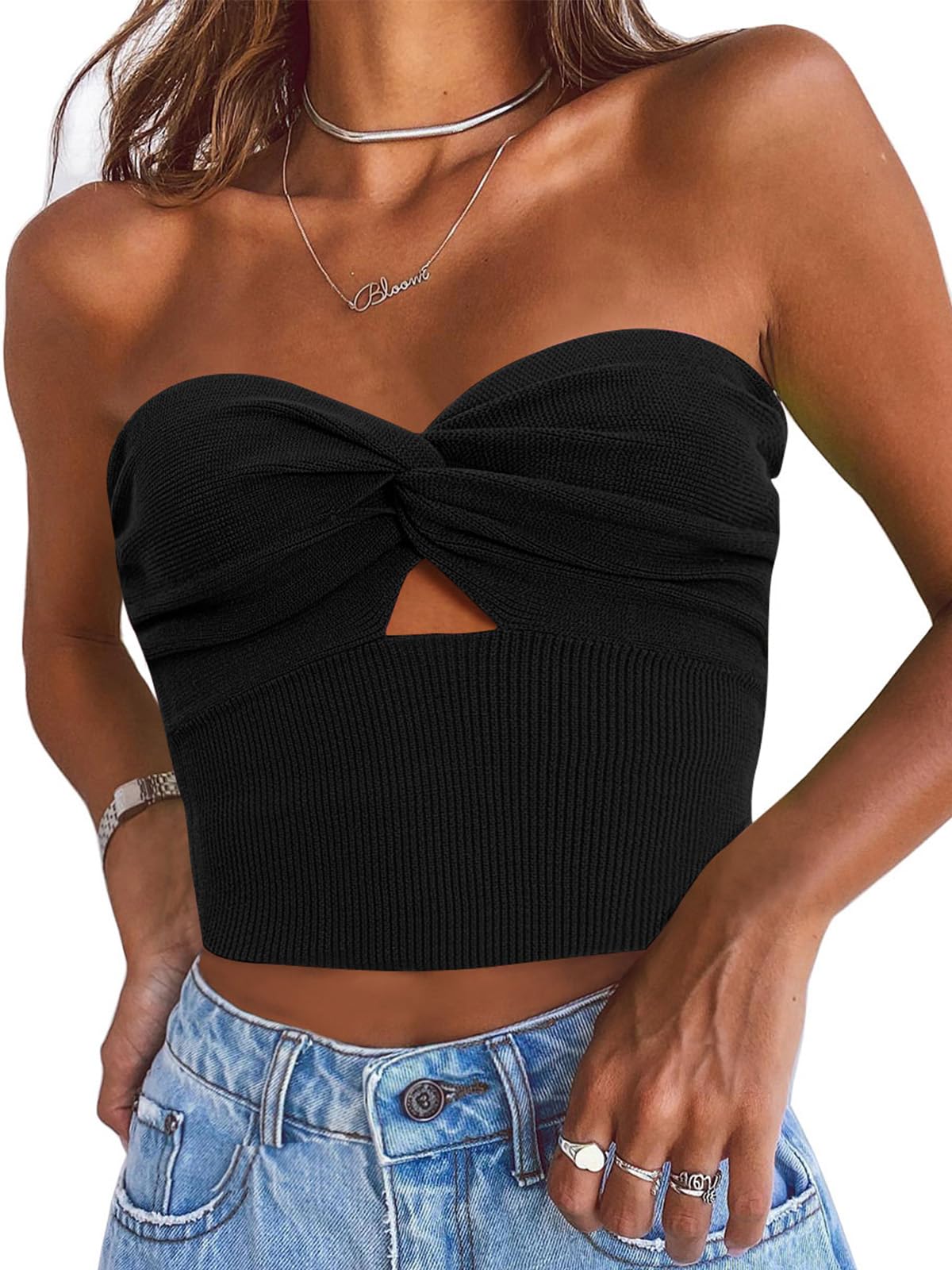 EFAN Womens Tube Tops Going Out Cut Twist Knot Front Bandeau Ribbed Knit Y2K Strapless Tank Bustier Corset Clothes