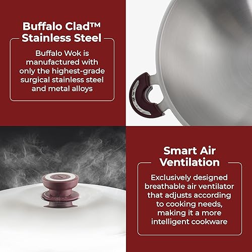 Miniatura 2 de BUFFALO Sartén para wok de acero inoxidable con tapa, parte inferior redonda de 15 pulgadas (15.0 in), sartén antiadherente de tres capas, olla de