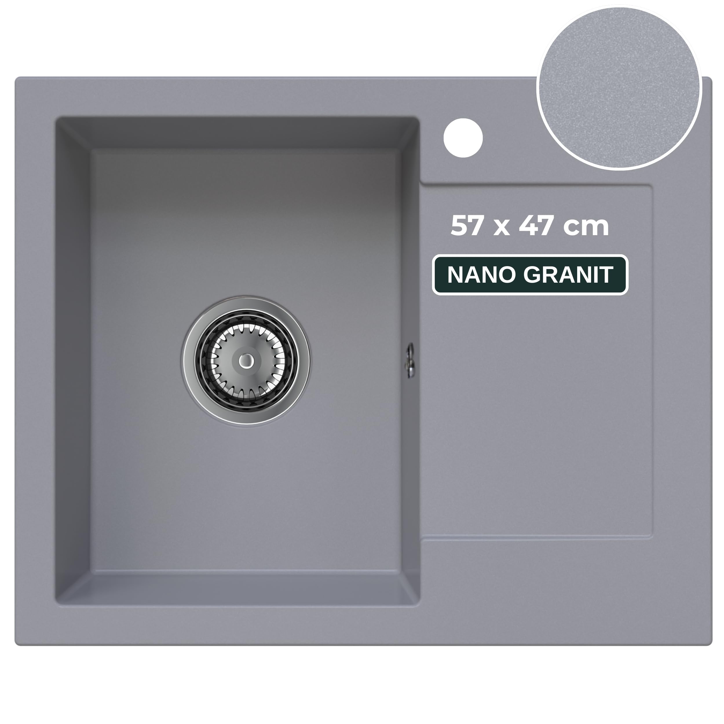 SINK QUALITY zlewozmywak granitowy szary 58 x 47 – zlewozmywak z syfonem i środkiem impregnującym – zlewozmywak kuchenny szary z ociekaczem do szafki pod umywalkę 50