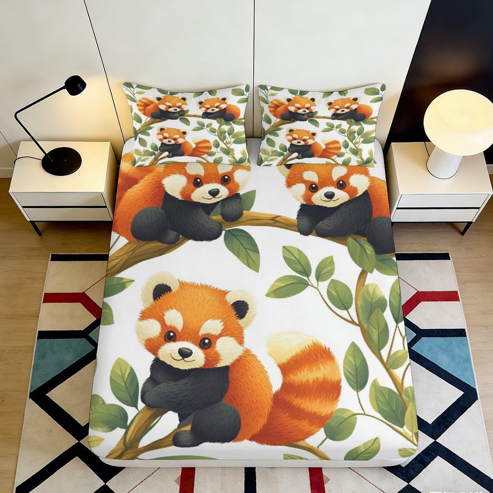 3D Printed Red Panda Branch Fitted Sheet Microfiber Anti-Slip Bed Cover for Bedroom Guest Room Machine Washable 180x200x25cm
