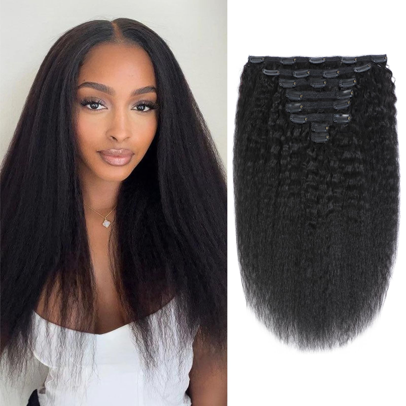 Geogroket Kinky Straight Clip in Hair Extensions for Women Kinky Straight Clip ins 8pcs 120g/set Full Head Brazilian Remy Human Hair Yaki Straight Clip ins Natural Black Color 12 Inch