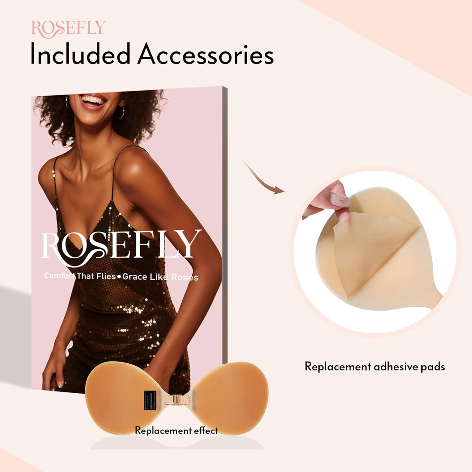 Rosefly Silicone Adhesive Bra Push Up for Women, Strapless Backless Sticky with Notably Thin Seamless Profile for Dress