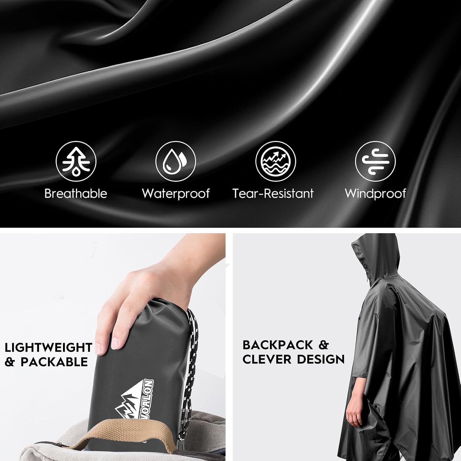 Bruvoalon 3-in-1 Rain Poncho with 1/4 Zip & Chest Pocket, Waterproof, Sunshade, Ground Mat for Adults & Youth Emergency