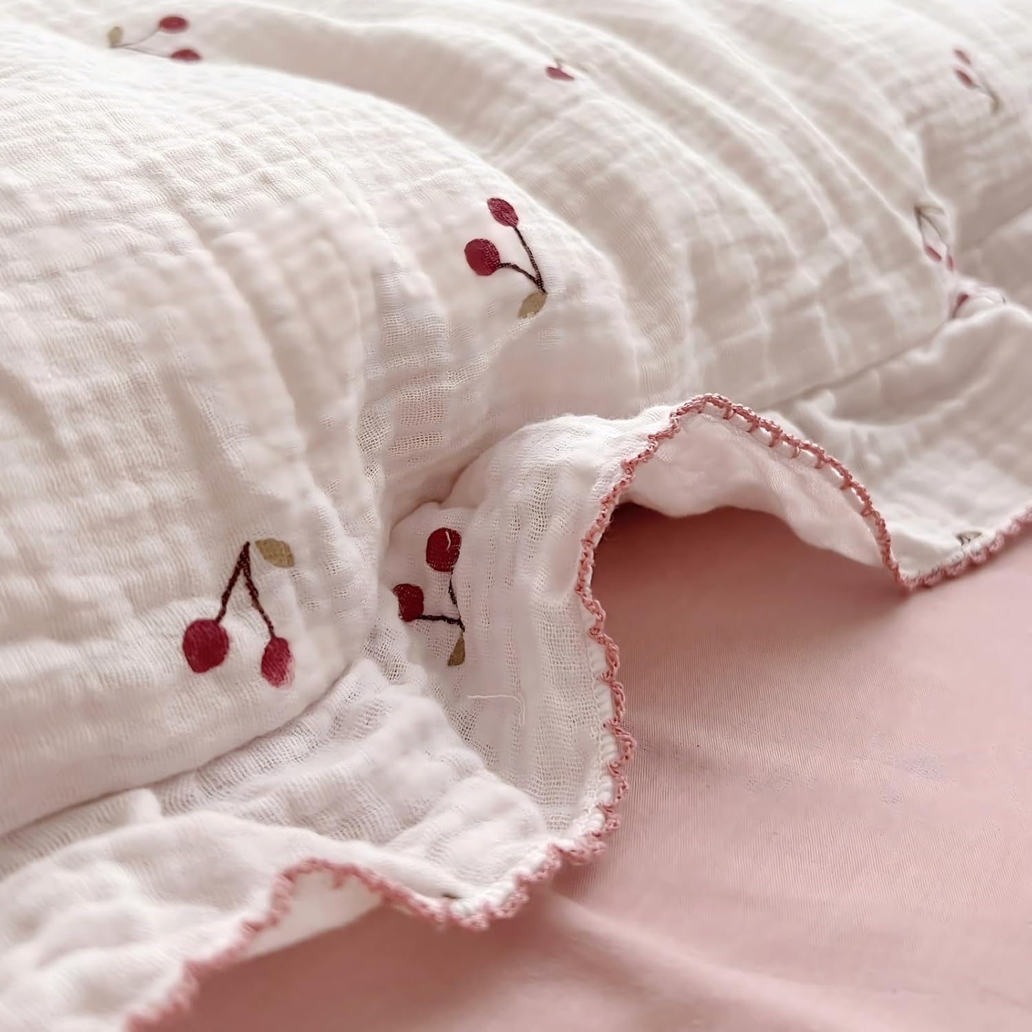 BuLuTu Crib Bedding Duvet Cover for Boys Girls Cotton Muslin Baby Crib Duvet Cover Nursery Bed Decoration Gift, 47"x59", Cherry Print (No Pillowcases)