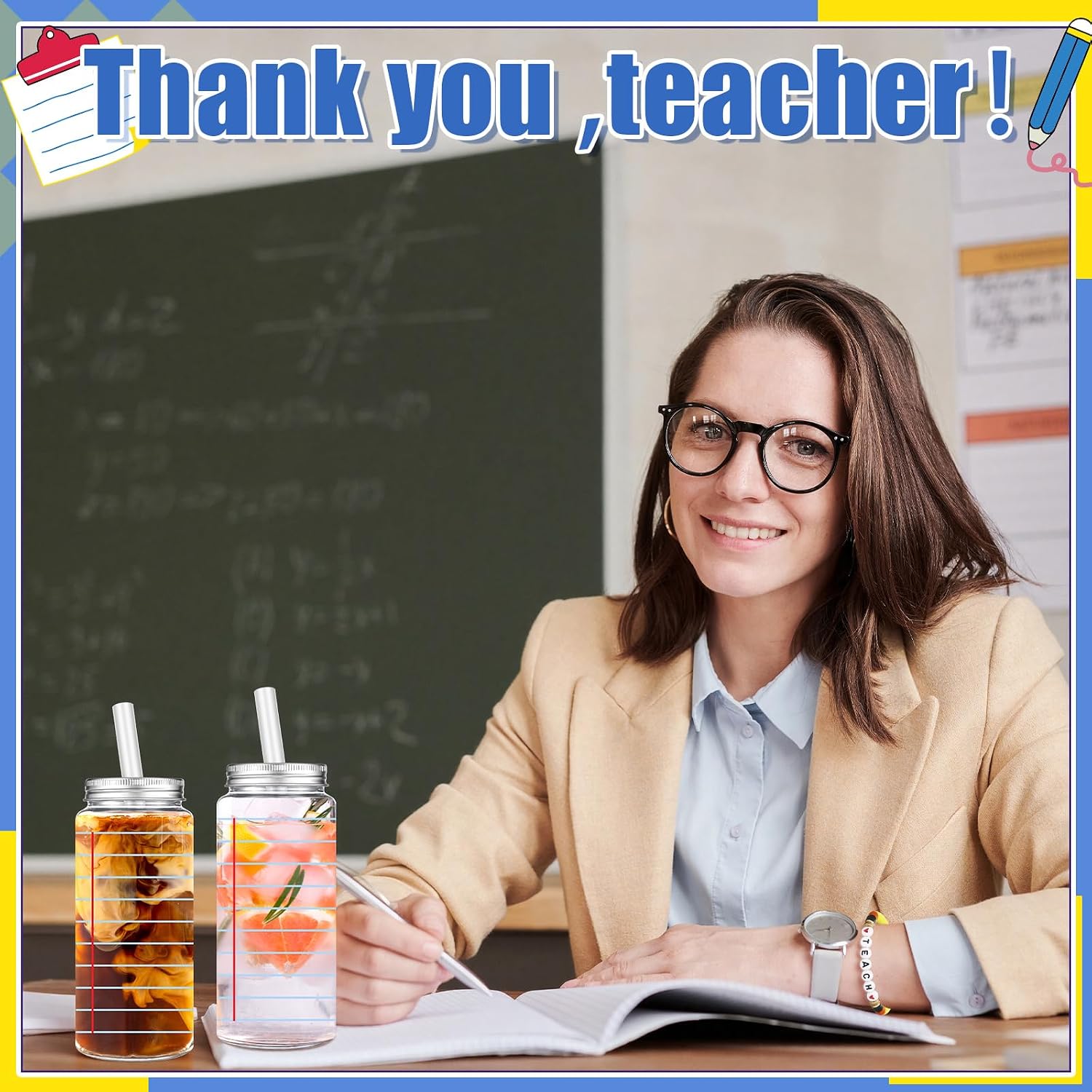 48 Pcs Teacher Appreciation Gifts Bulk 14.2 oz Blue Notebook Plastic Cup Teach Pencil Stackable Beaded Bracelet Gifts for Teacher Coworker Retiree Graduation Party Favor Office Supplies