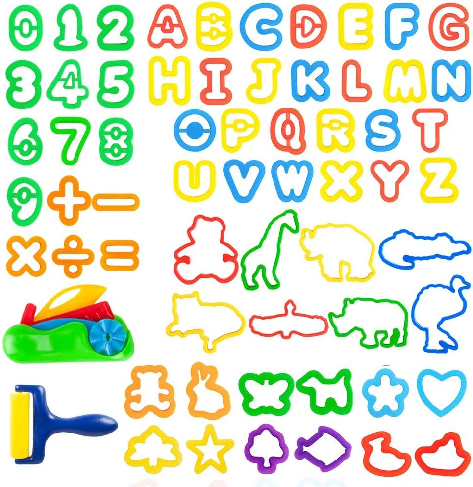 Multi-Color Clay Dough Tools, Play Dough Tools Set for Kids Letter Molds, Numeral Molds Various Plastic Animal Molds for Creative Dough Cutting (Letters Numbers and Basic Shapes 63 Pieces)