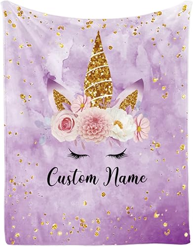 Manta personalizada de unicornio con nombre para niña, manta de nombre personalizada para niños, manta de franela suave de unicornio morado, regalo