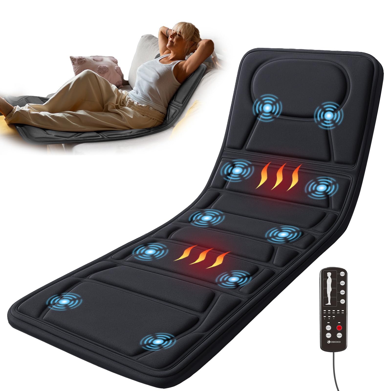 CooCoCo Full Body Massage Mat with Heat 10 Motors Vibrating Back Massager Full Body Heating Pad for Bed