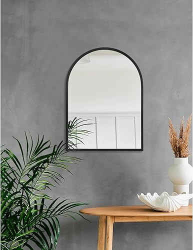 Miniatura 129 de Espejo de pared arqueado negro con marco de aleación de aluminio, espejo de baño de metal cepillado, espejo montado en la pared para sala de estar