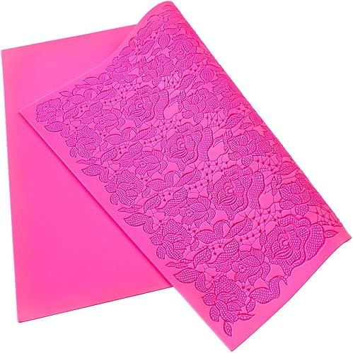 Miniatura 5 de Tapete de silicona para fondant, molde de encaje con impresión de rosas (16 x 12 pulgadas, rosa rosa)