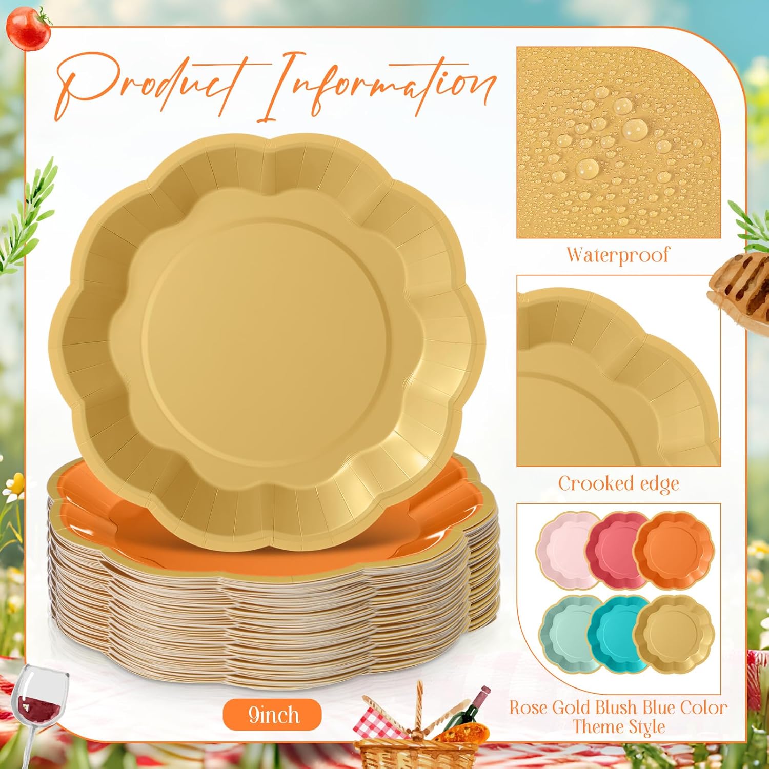 72 Pcs Colorful Coral Paper Plates 9 Inch Pastel Rainbow Gradient Scalloped Paper Disposable Dinner Dessert Plates for Birthday Wedding Bridal Party Supplies, 6 Colors