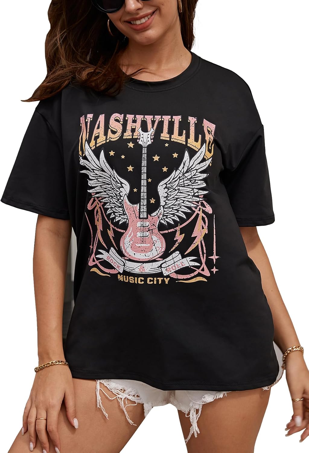 YIJIU Women's Graphic Oversized T Shirts Letter Print Short Sleeve Loose Casual Summer Tops Small Guitar