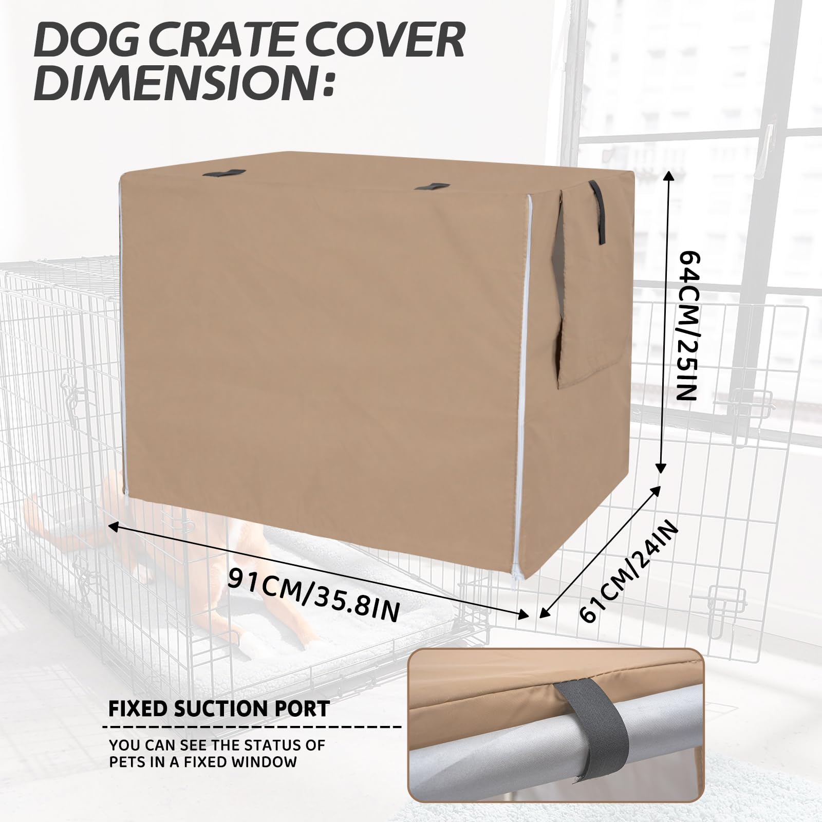 OUUTMEE Beige Hundebox-Abdeckung, wasserdichte Hundekäfig-Abdeckung für 60–125 cm große Hundezwinger, wasserdicht/Sonnenschutz/Lichtblockierend mit Tür und belüftetem Fenster