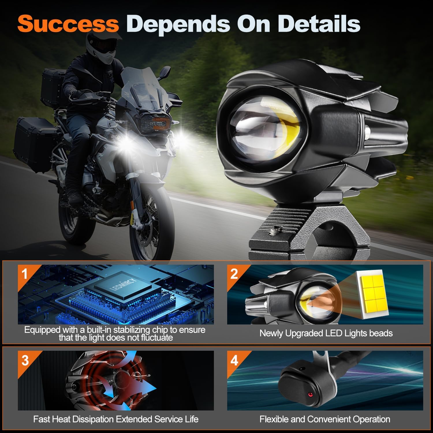 LEDMIRCY Motorcycle Auxiliary Lights, Luces Exploradoras Para Moto With Switch Wiring Harness LED Fog Driving Light Kit IP68 Waterproof/Shockproof Offroad Spot Lights for ATV UTV Snowmobile Boat