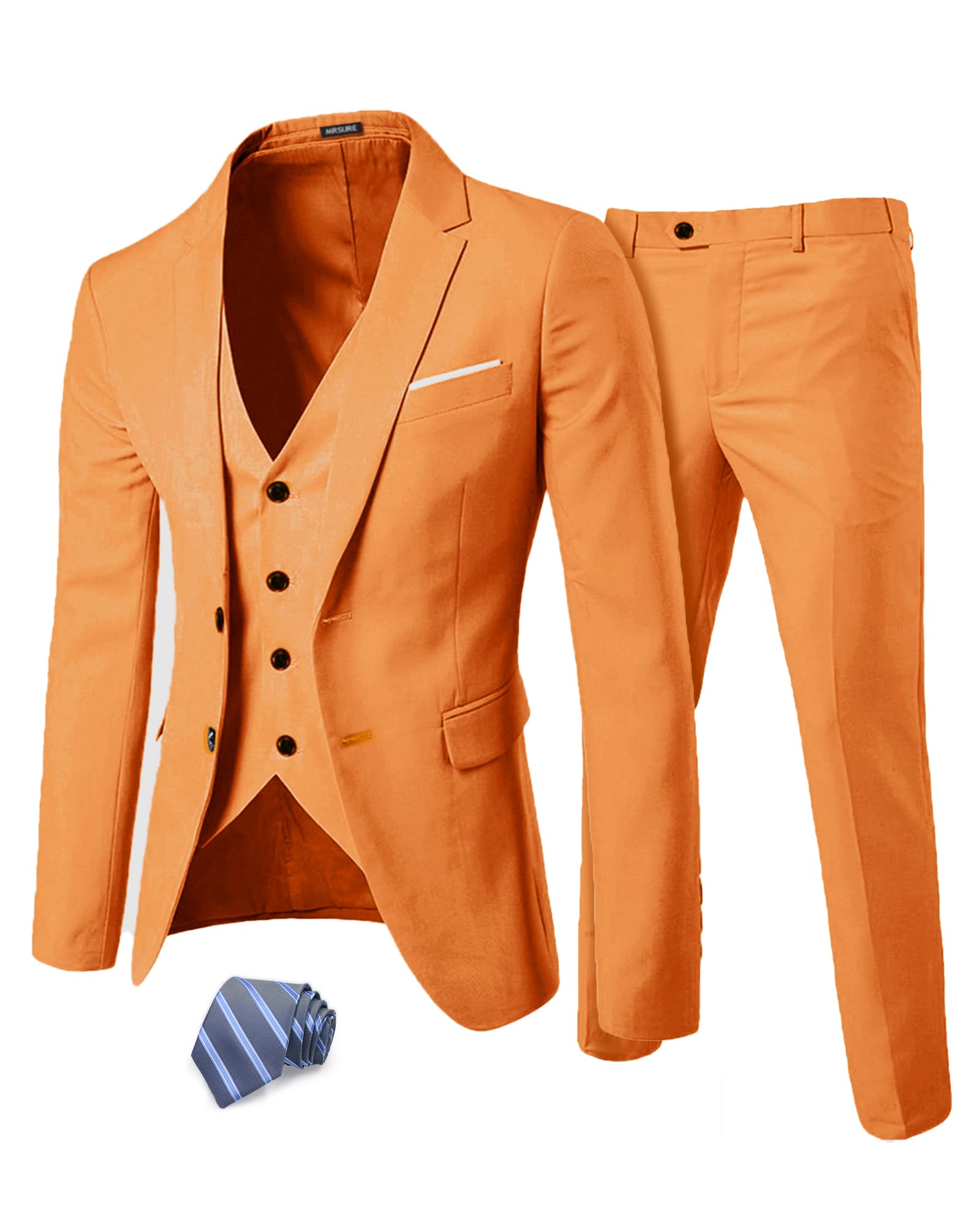 MrSure Men’s 3 Piece Suit Blazer, Slim Fit Tux with One Button, Jacket Vest Pants & Tie Set for Party, Wedding and Business, Orange, XS