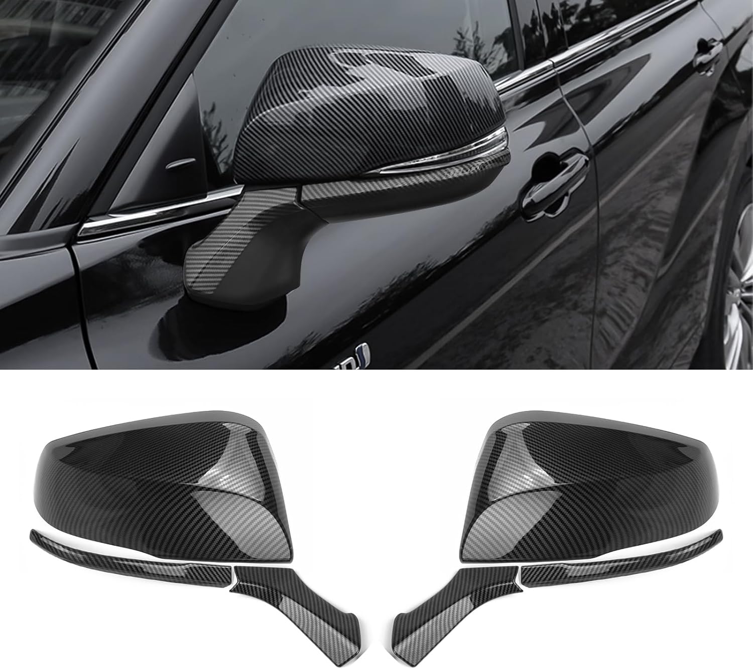 x xotic tech Carbon Fiber Style Rearview Mirror Side Frame + Pillar Strip Molding Cover Trim Compatible with Toyota Highlander 2020-up Car Decoration Exterior Accessories 6Pcs/Set