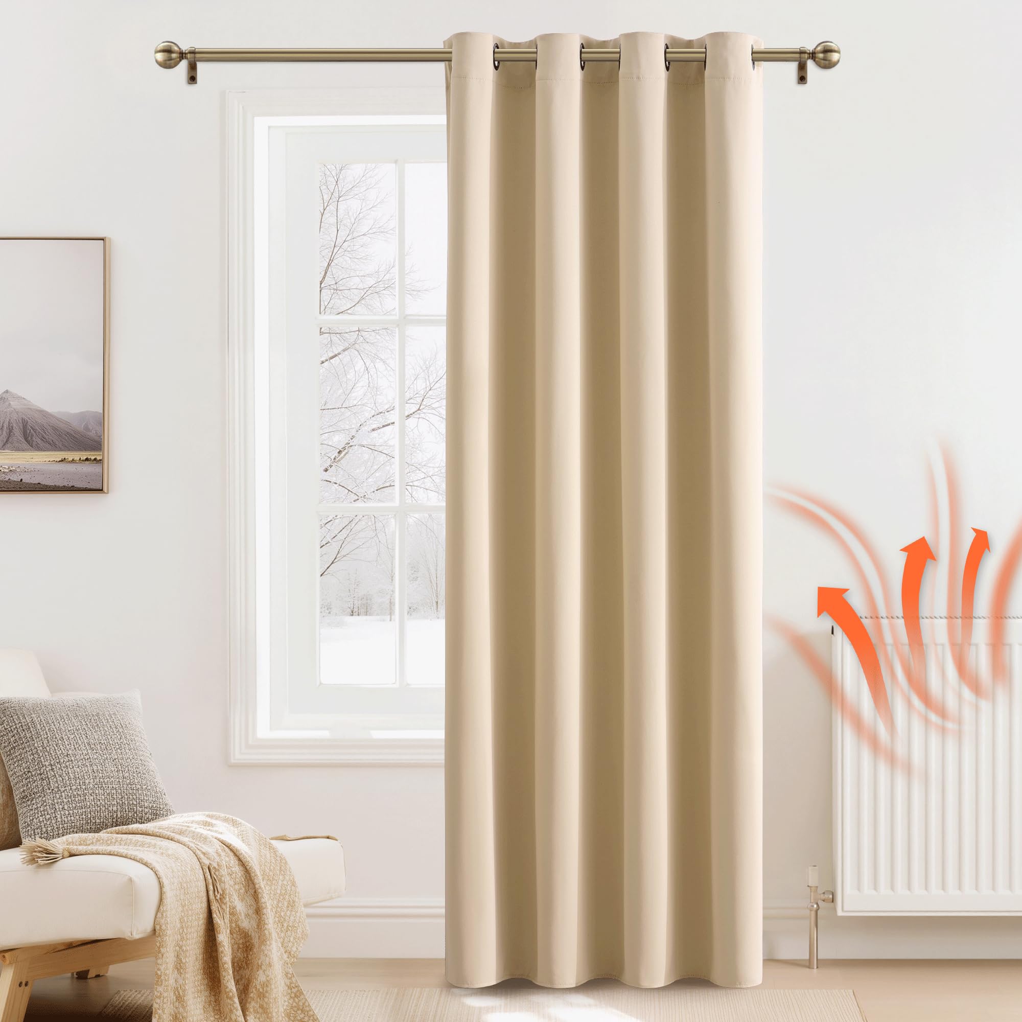 PONY DANCE Tende Termiche Isolanti per Interni Soggiorno Curtain Oscurante ad Anelli Camera da Letto Moderna 1 Pezzo L 140 x A 260 cm, Beige