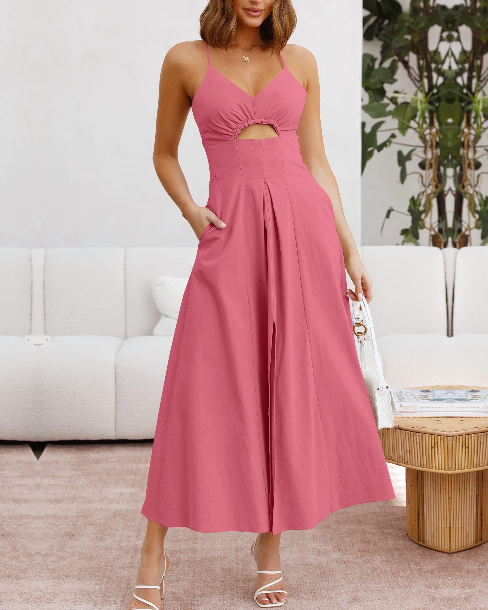 BTFBM Women 2026 Spaghetti Strap Midi Summer Dresses Sleeveless V Neck Cutout Slit Casual Beach Party Maxi Dress Pockets: Large Dark Pink