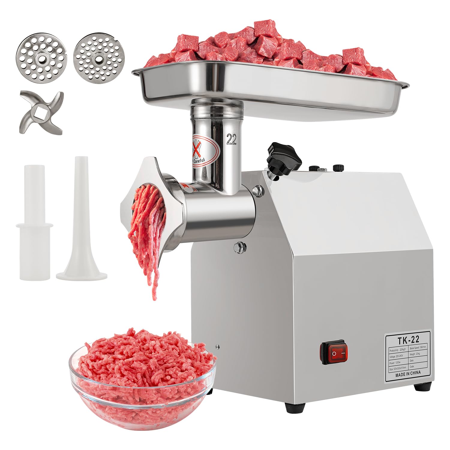 TOTEBOX Commercial Electric Meat Grinder, 1200W Heavy Duty Sausage Maker Filler Food Processing Machine Meat Chopper, 220 kg/h, 190 r/min