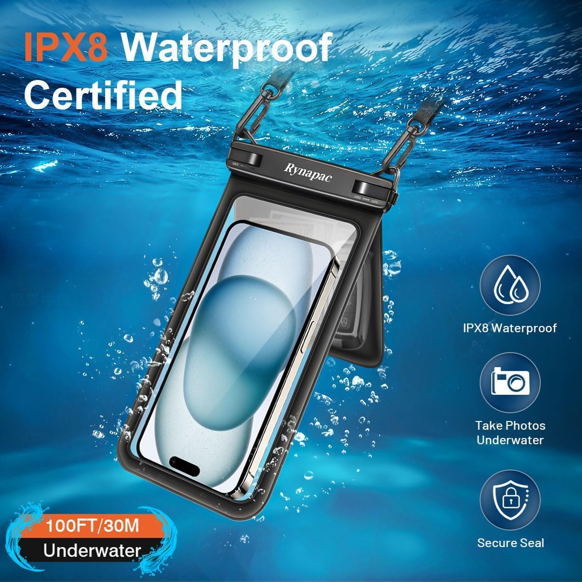 Rynapac Funda impermeable de doble espacio para teléfono, paquete de 2 fundas impermeables para teléfono con cordón para iPhone 15, 14, 13, 12, 11, Pro Max, XS, XR, Galaxy S21 Pixel de hasta 8