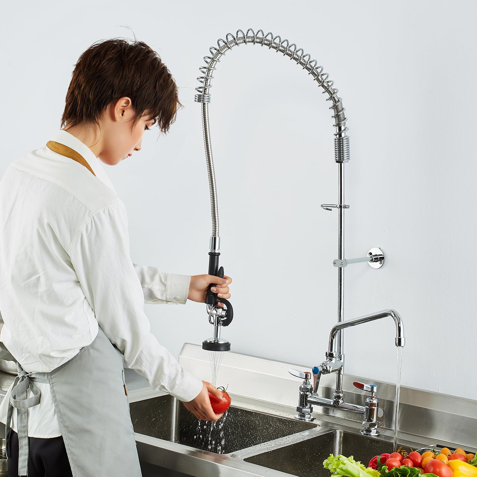VEVOR Robinet de Cuisine Commercial avec Pulvérisateur de Pré-rinçage, Mitigeur avec Douchette Extractible, 1120 mm de Haut, Entraxe 203 mm, Bec Pivotant 305 mm, Montage sur Pont, pour Évier Rstaurant