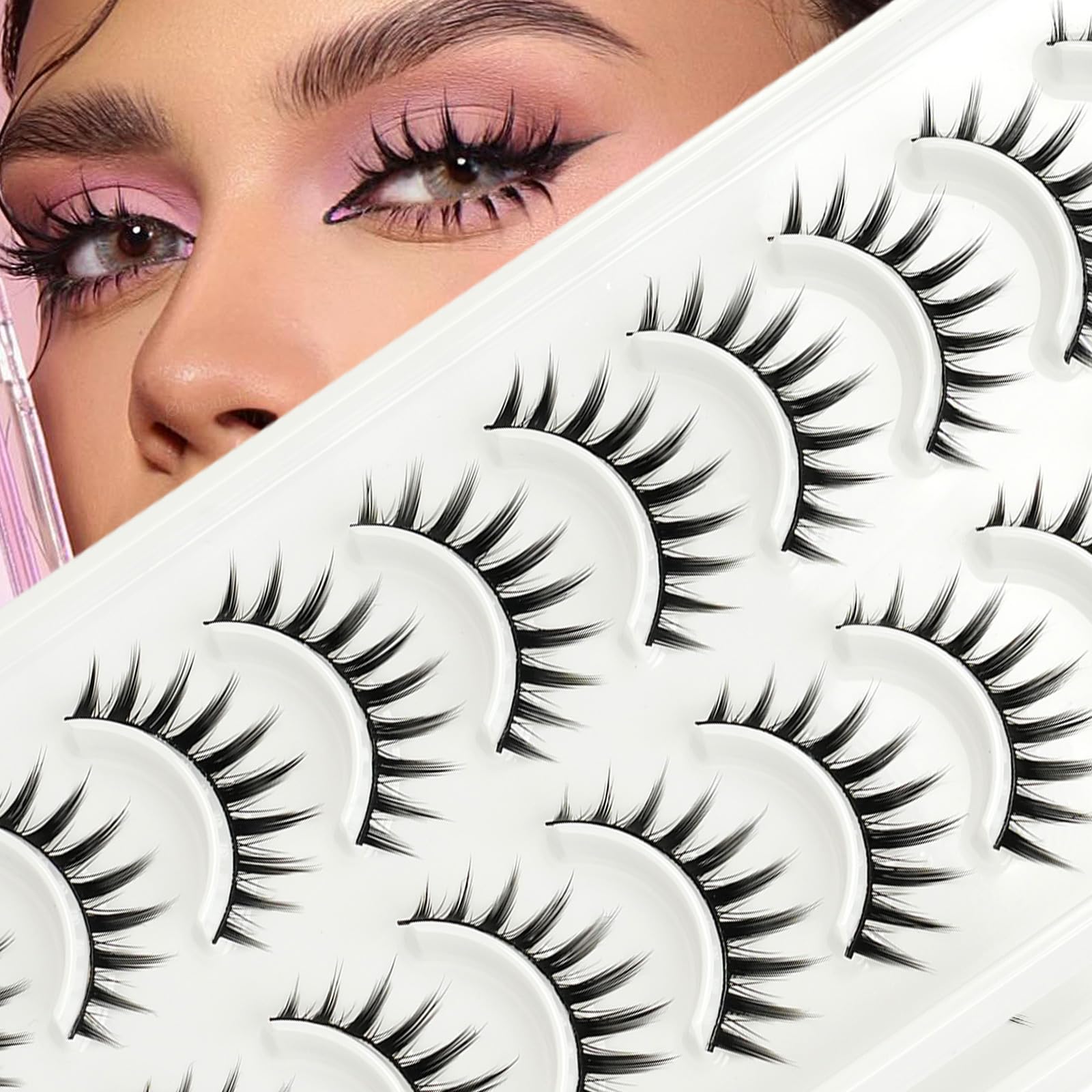Obeyalash Cat Eye Anime Lashes Manga Natural Look 12mm False Eyelashes Wispy Anime Eyelashes 10 Pairs False Lashes Japanese Korean Lashes (SC08)