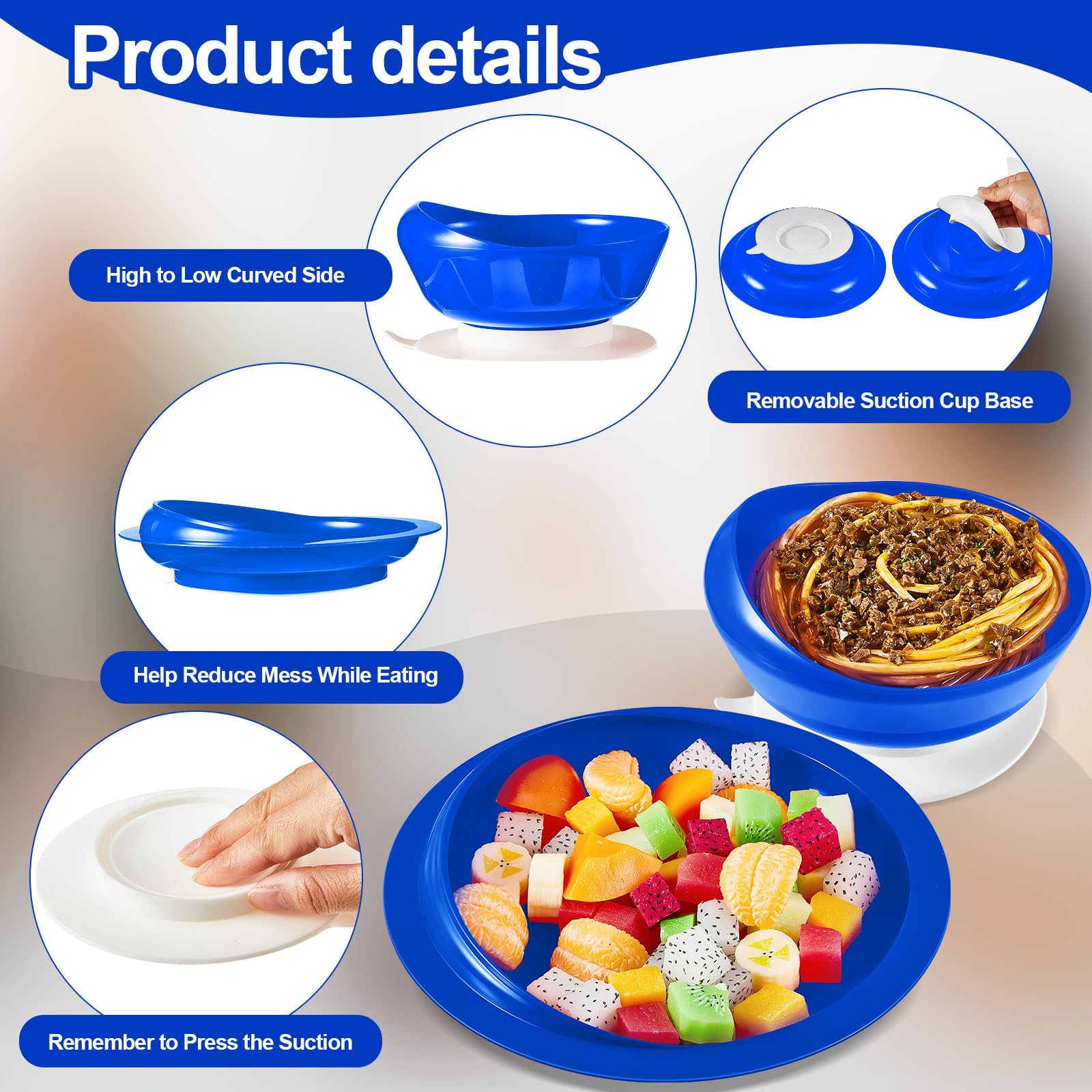 Hushee Set di ciotole e piatti a prova di fuoriuscite con base a ventosa, adattivo, antiscivolo, per anziani disabili, disabili, da Parkinson, demenza, ictus, tremore (3 set, blu)