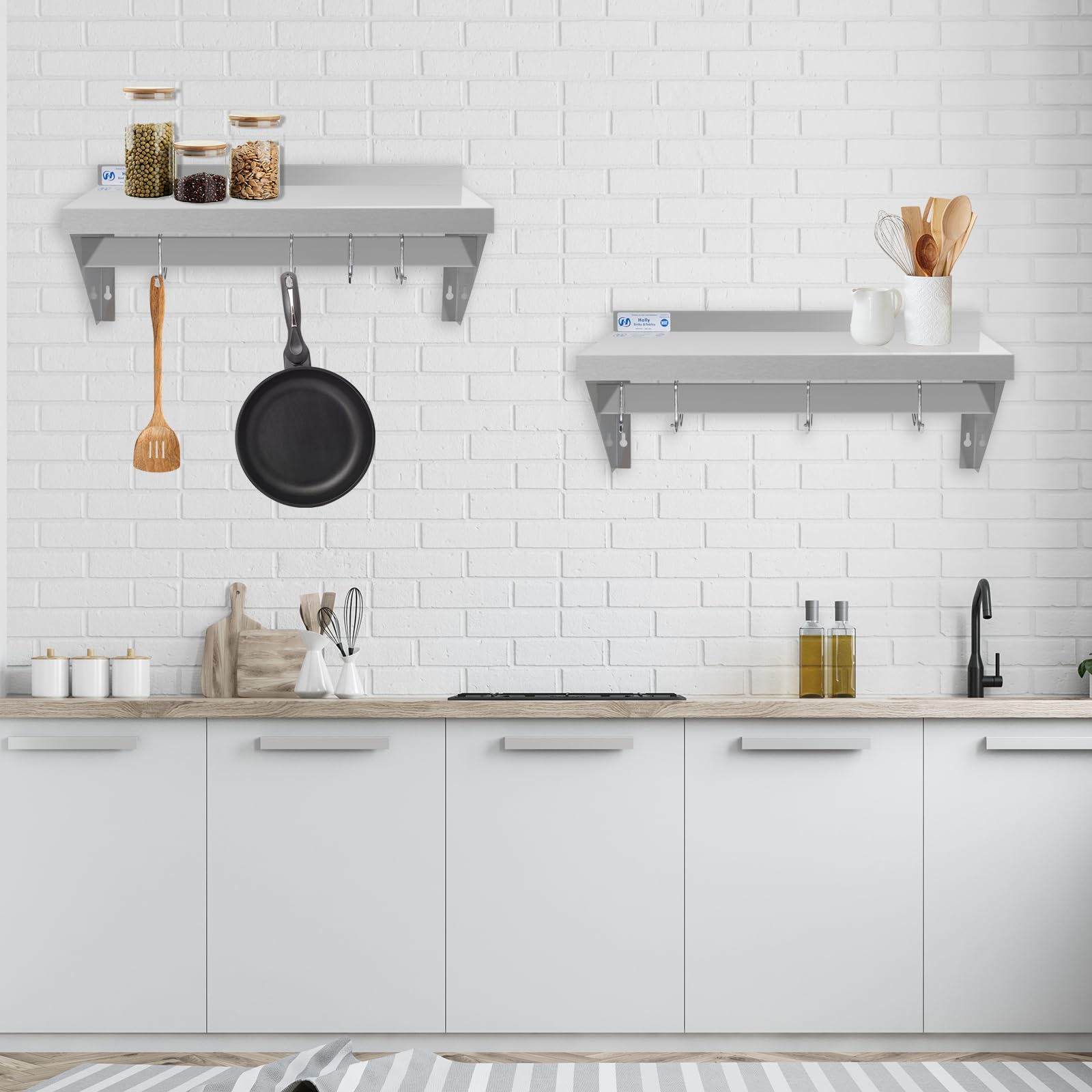HALLY Mensola in acciaio inox con 4 ganci, 30,5 x 61 cm, scaffale galleggiante commerciale NSF per riporre pentole, padelle, pentole in ristorante, cucina, casa e hotel