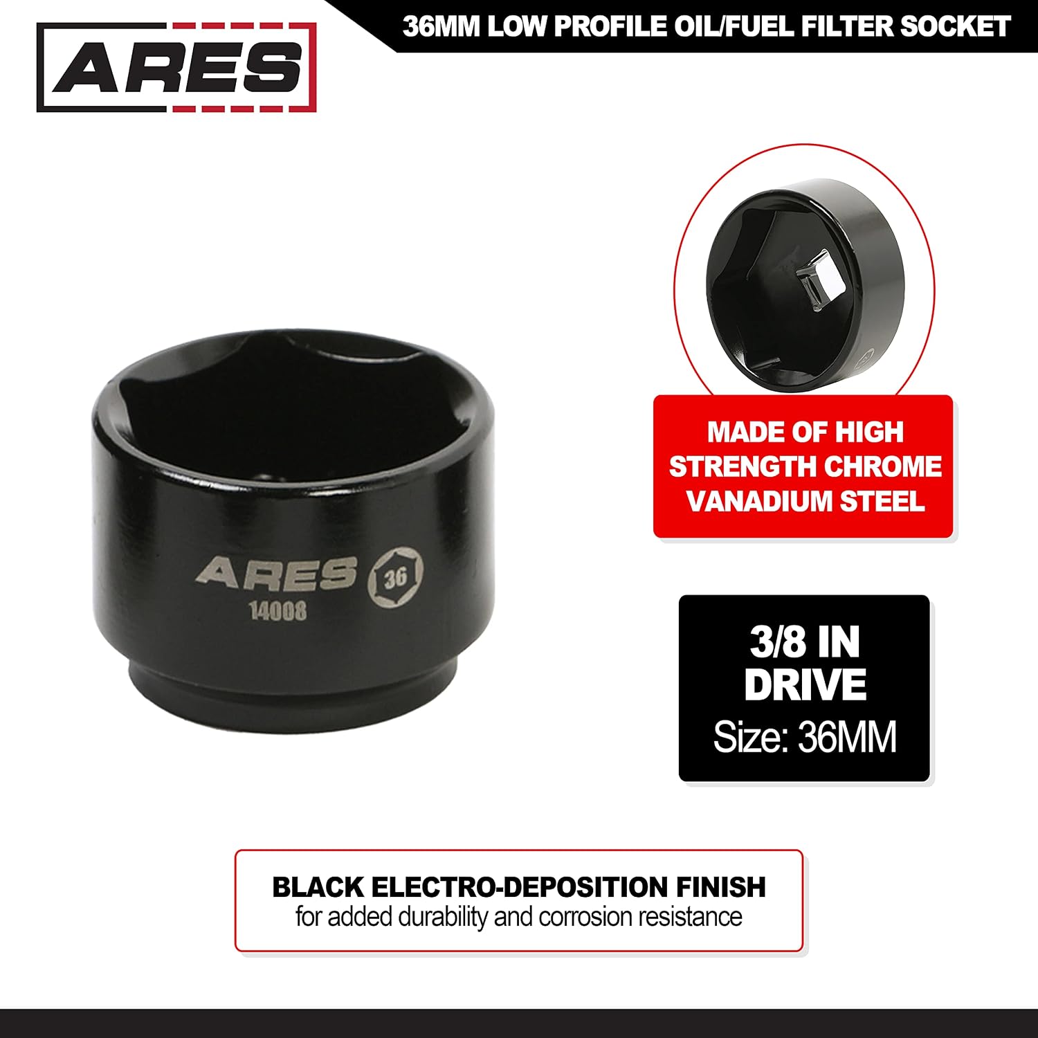 ARES 14008 – 36mm Low Profile Fuel Filter Socket - Low Profile Design for Easy Access - Chrome Vanadium Steel with Manganese Phosphate Coating to Resist Rust and Corrosion