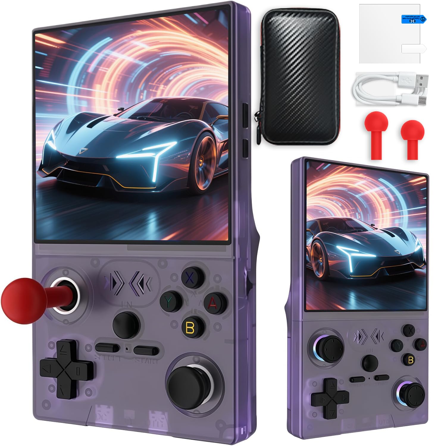 XF40 V console da gioco portatile, schermo IPS da 4 pollici con 128 GB e 22.000 giochi, batteria da 4000 mAh, sistema Linux, 2 joystick rimovibili e borsa di memoria (viola, 128 G)
