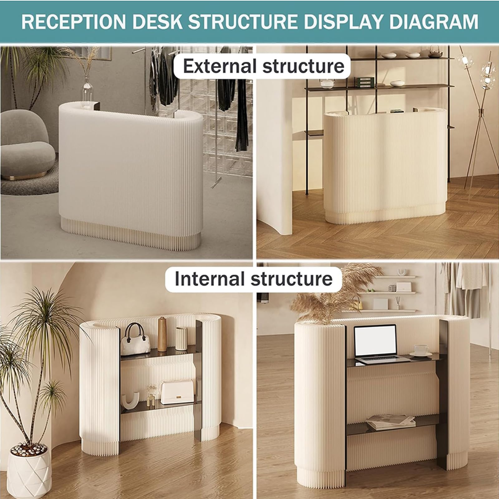 Escritorio de recepción moderno curvado, mesa portátil para venta al por menor, ferias de manualidades, estante de exhibición de pequeñas empresas para bares, tiendas, hoteles, diseño versátil