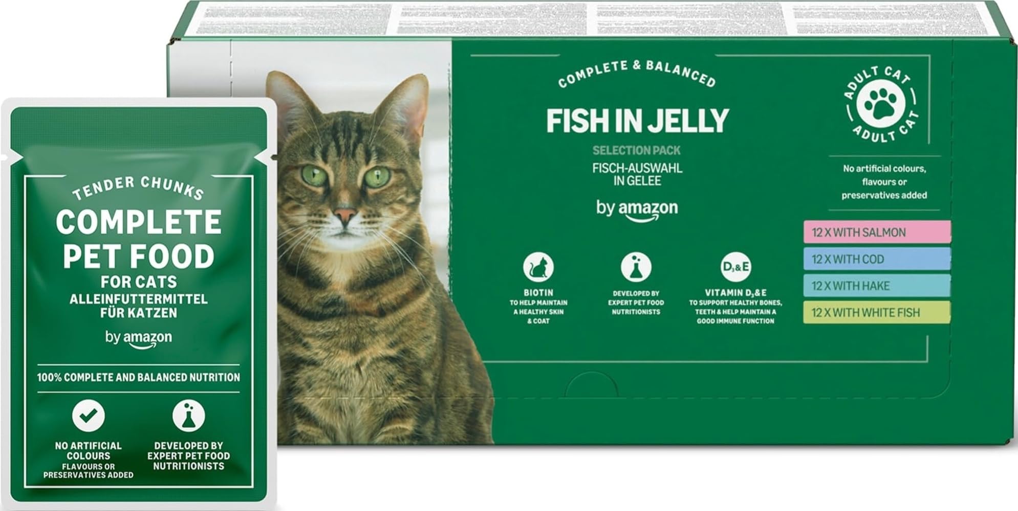 by Amazon - Alimento Completo sin Cereales para Gatos Adultos, selección de Pescado en gelatina, 4,8 kg (48 Paquetes de 100 g)