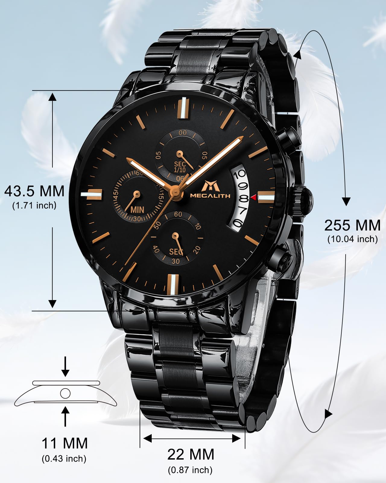 MEGALITH Chronographe Montre Homme Analogique: Montre Bracelet Acier Etanche avec Date Lumineuses - Cadeaux pour Hommes Travail Vêtements Décontractés du Quotidien