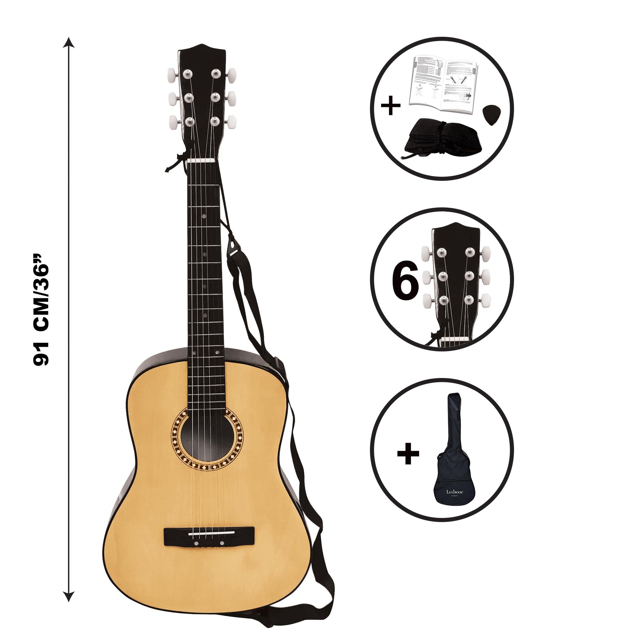 Lexibook Chitarra Acustica in Legno, 91 cm, Guida all'apprendimento Inclusa, 6 Corde in Nylon, Borsa da Trasporto Inclusa, Legno/Nero, K2200LXB