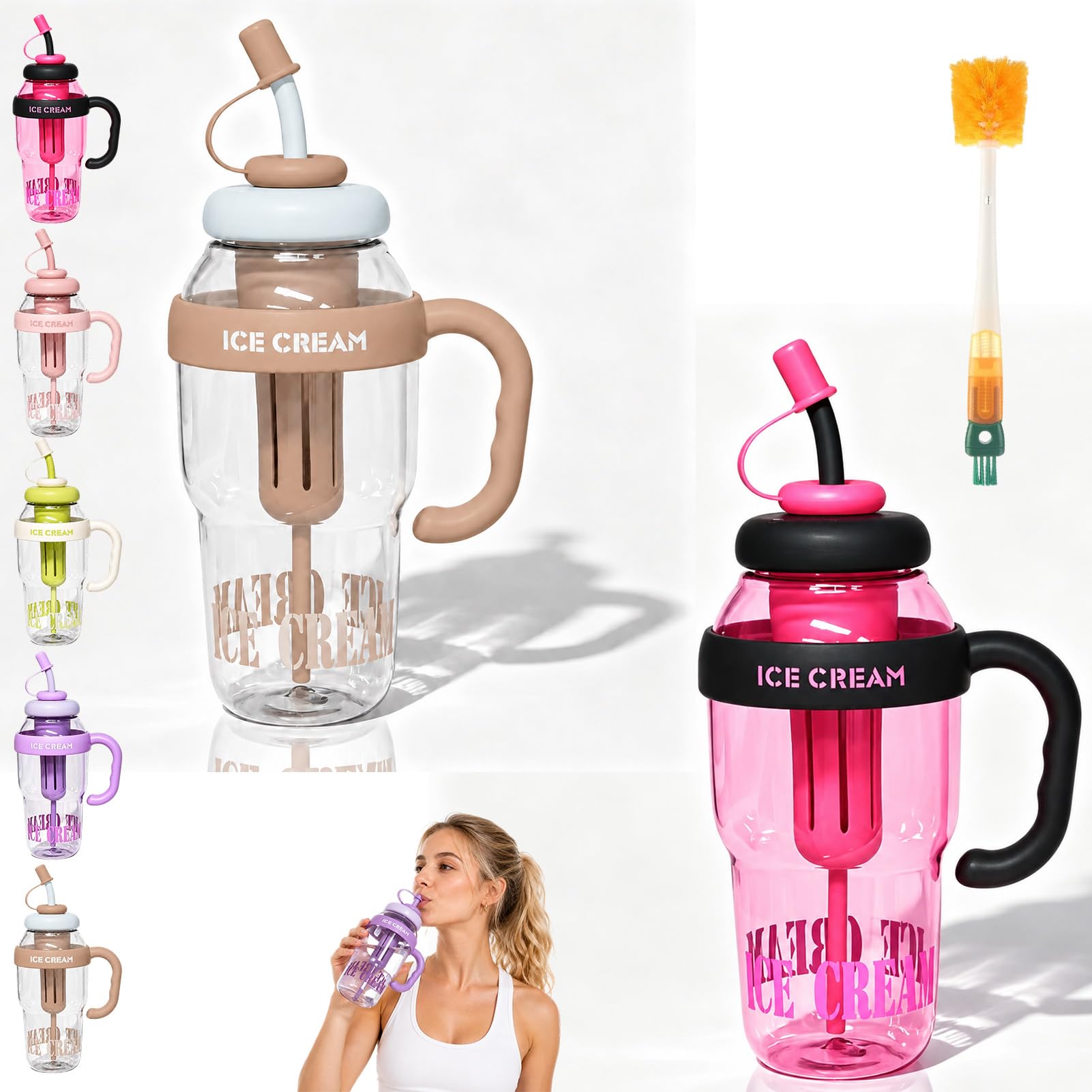 Stylish Large Capacity Sports Water Bottle with Straw, 1300ml Summer Handle Plastic Cute Large Capacity Ice Cup, Convenient Cup with Tea Infuser for Camping Hiking Summer Outdoor Sports (2pc-e)