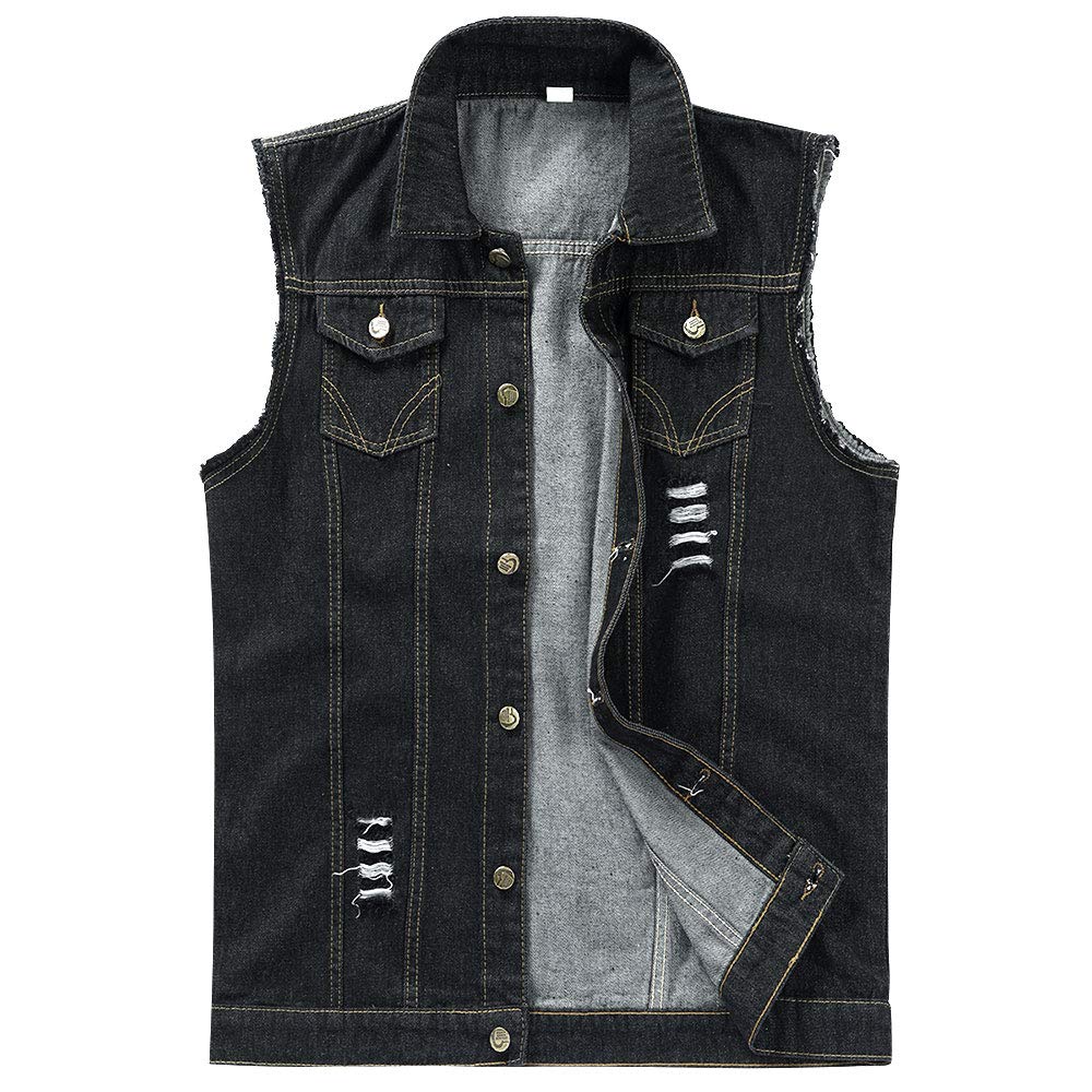 Mens Waistcoats Casual Ripped Denim Vest Vintage Sleeveless Jackets Cowboy Outwear Gilets, L, Black